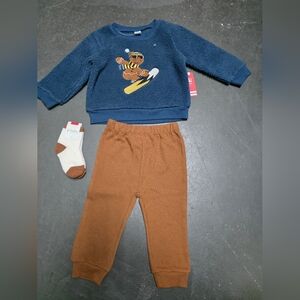 Blue Fleece Sweater and Brown Pants Set